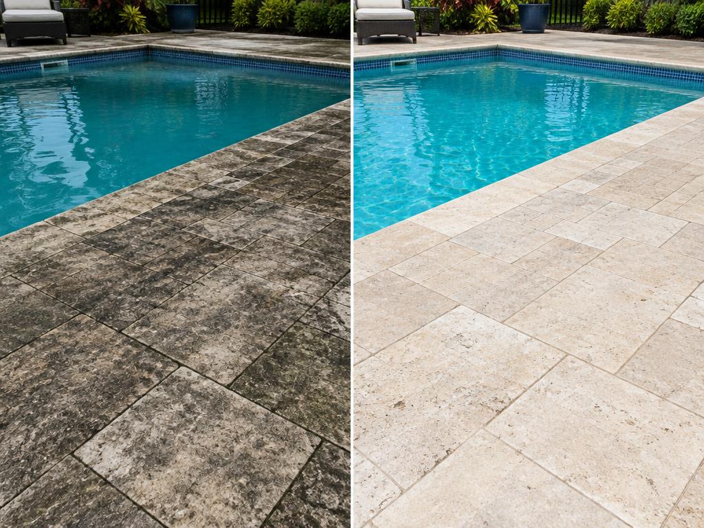 Travertine pool deck cleaning
